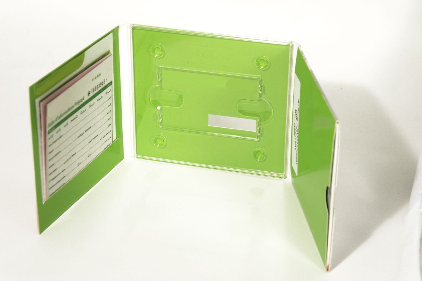 Green six-panel folder with SIM tray