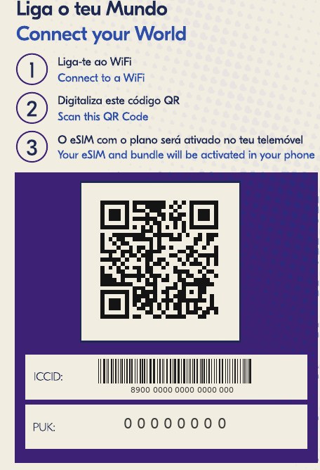 Back of the same eSIM pack with three activation steps, a QR code, ICCID barcode and PUK