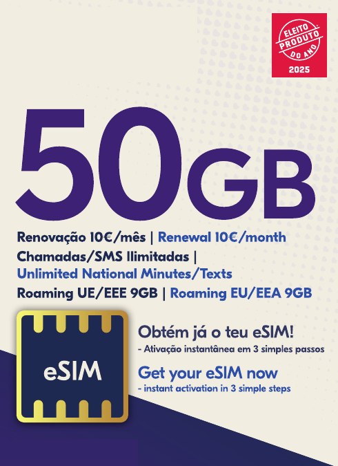 Front of an eSIM retail pack showing the data bundle and an eSIM badge