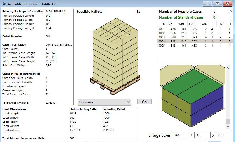 Palletisation software screen with a pallet loading plan