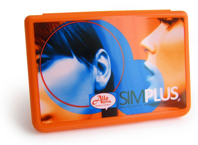 Orange plastic SIM box with printed lid